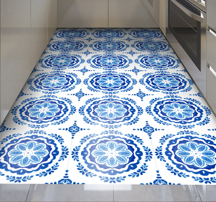 Tappeto pvc cucina motivi di fiori azzurri - TenStickers