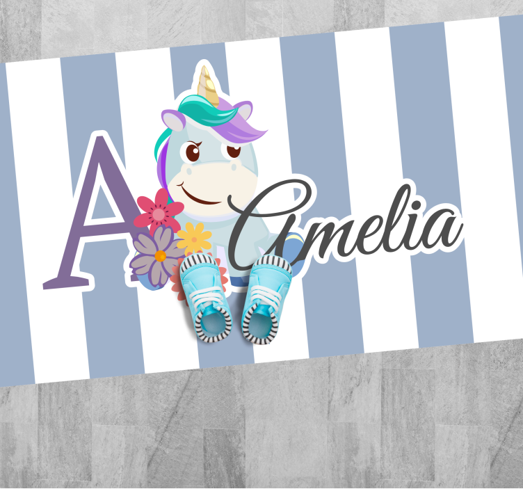 Tappeto vinile per bambini unicorno a strisce con nome - TenStickers