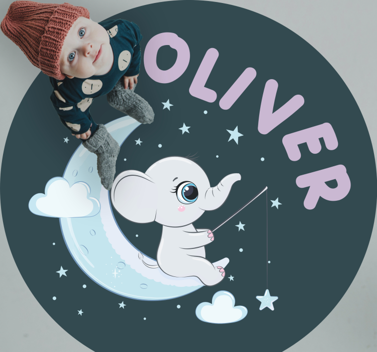 Tappeto vinile bebé elefante sulla luna con nome - TenStickers