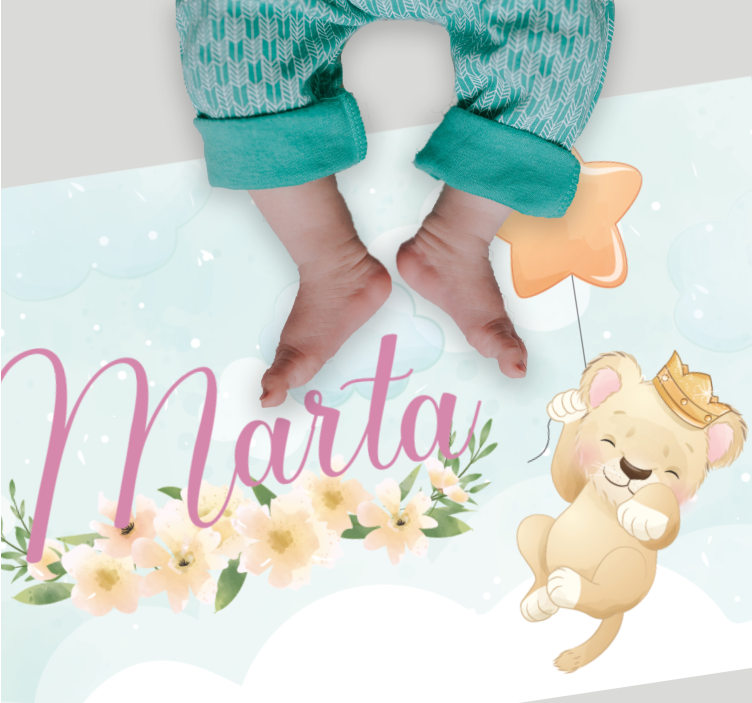 Tappeto vinile bebé leone con mongolfiera e nome - TenStickers