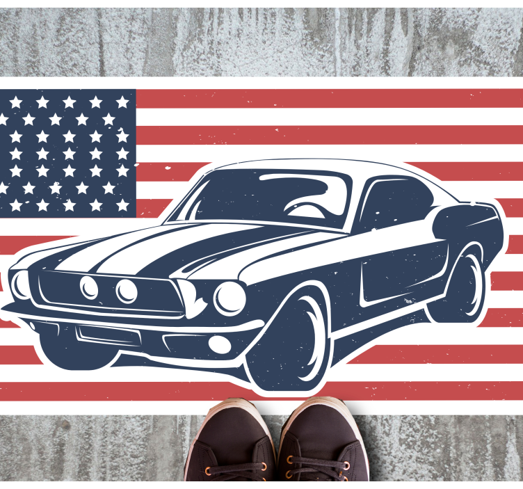 Tappeto vinile per ragazzi bandiera usa e automobile - TenStickers