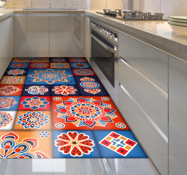 Tappeto vinile cucina effetto piastrelle floreali colorate - TenStickers