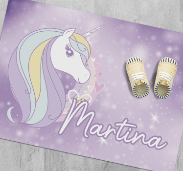 Tappeto in pvc per bebé Universo di unicorno viola con nome - TenStickers