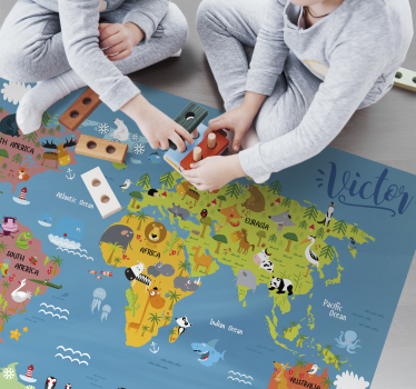 Tappeto in vinile per bambini mappa del mondo con animali - TenStickers