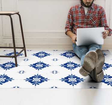 Tappeto vinile piastrelle motivi floreali blu - TenStickers
