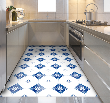 Tappeto vinile piastrelle motivo floreale blu - TenStickers
