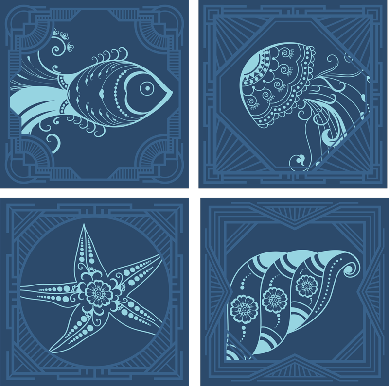 Tappeto vinile animali piastrelle ornamentali blu - TenStickers