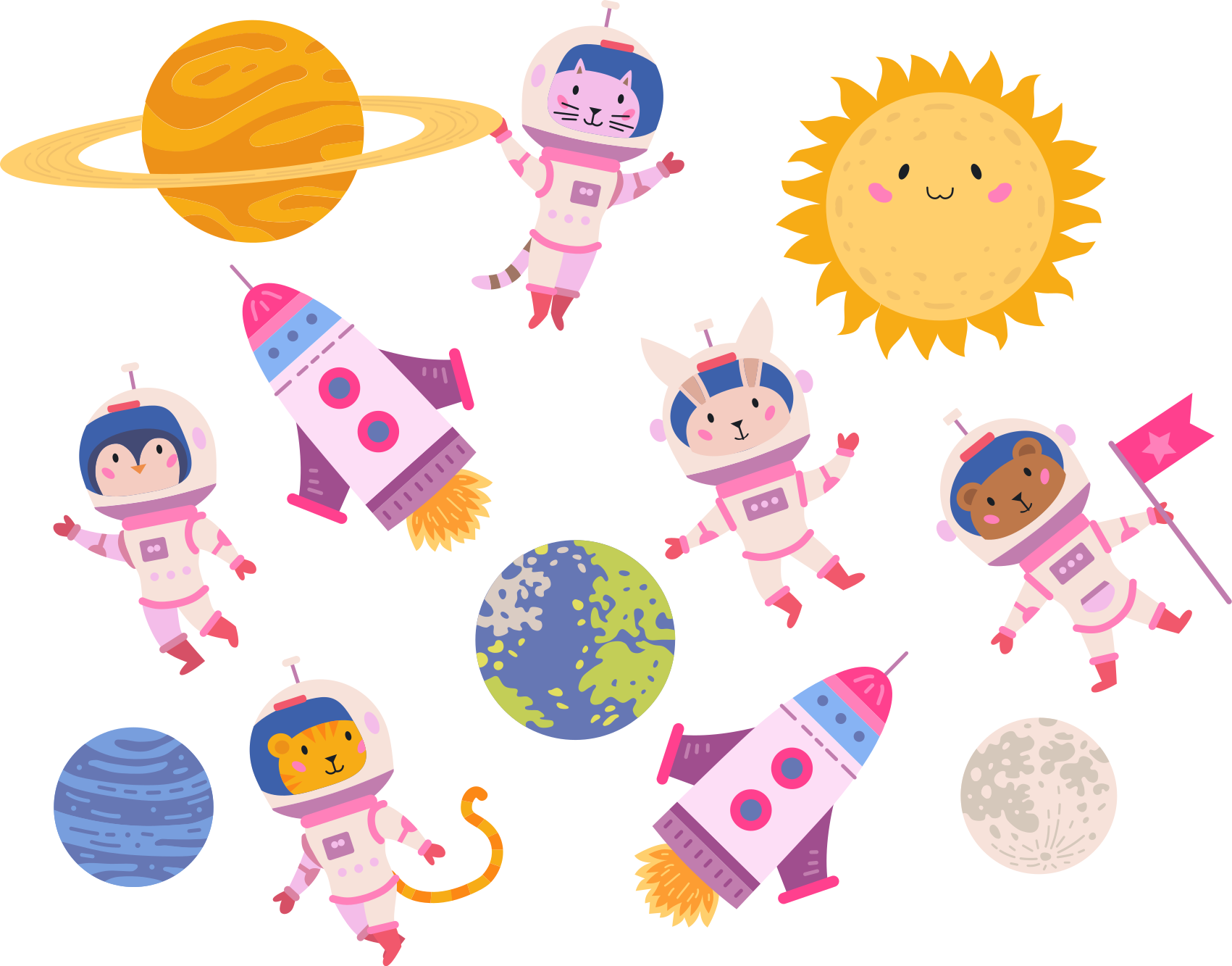 Tappeto vinile animali astronauti con razzo - TenStickers