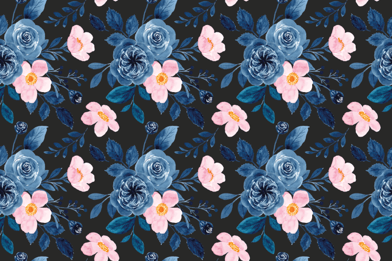 Tappeto vinile fiori motivo blu e rosa su sfondo nero - TenStickers