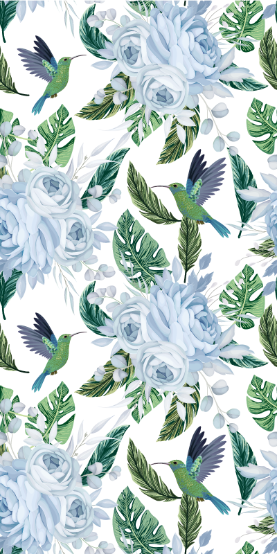 Tappeto pvc cucina fiori blu da giardino con uccelli - TenStickers
