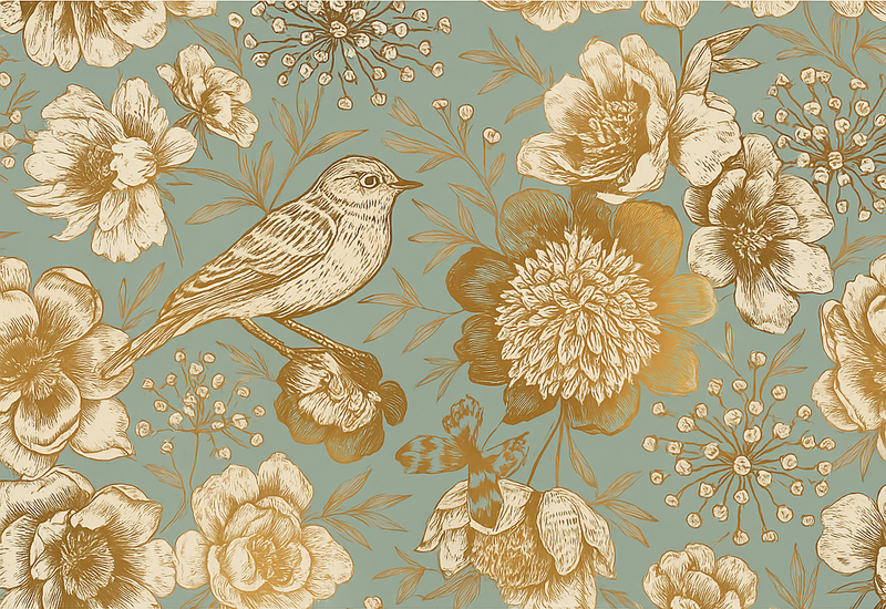 Tappeto vinile camera da letto sfondo grigio con fiori oro - TenStickers