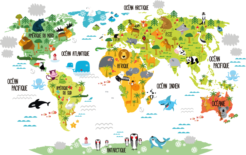 Tappeto vinile mappamondo animale bambini - TenStickers