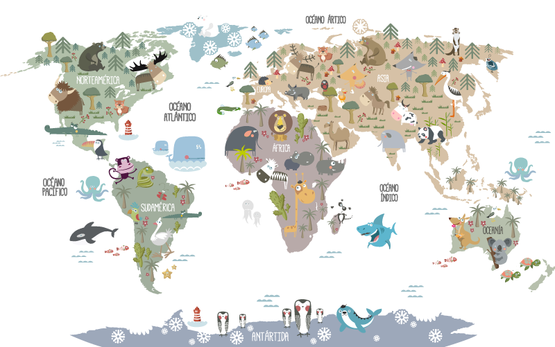 Tappeto vinile mappamondo animali tonalità pastello - TenStickers