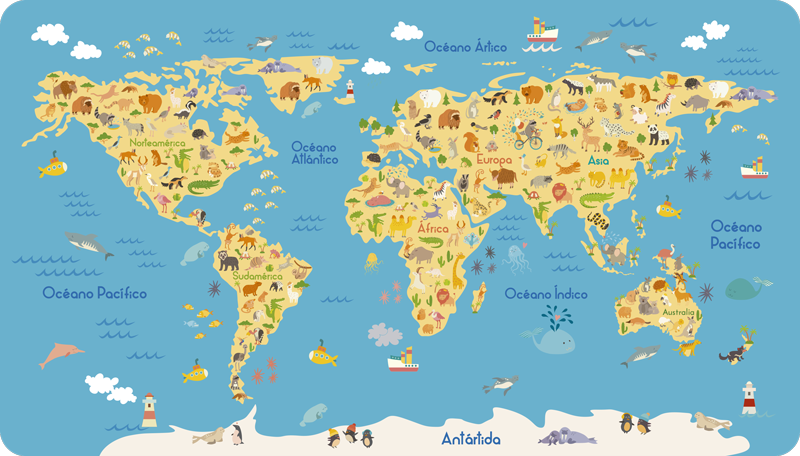 Tappeto vinile mappamondo fauna infantile - TenStickers