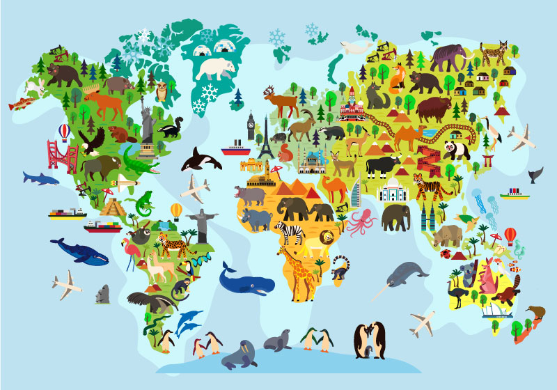 Tappeto vinile mappamondo con monumenti e animali - TenStickers