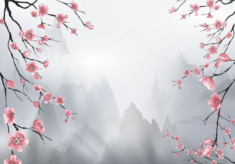 Tappeto vinile grigio fiori di ciliegio e montagne - TenStickers