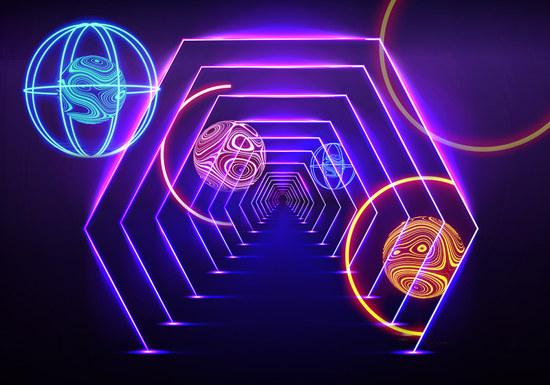 Tappeto vinile viola vista tunnel esagonale neon - TenStickers