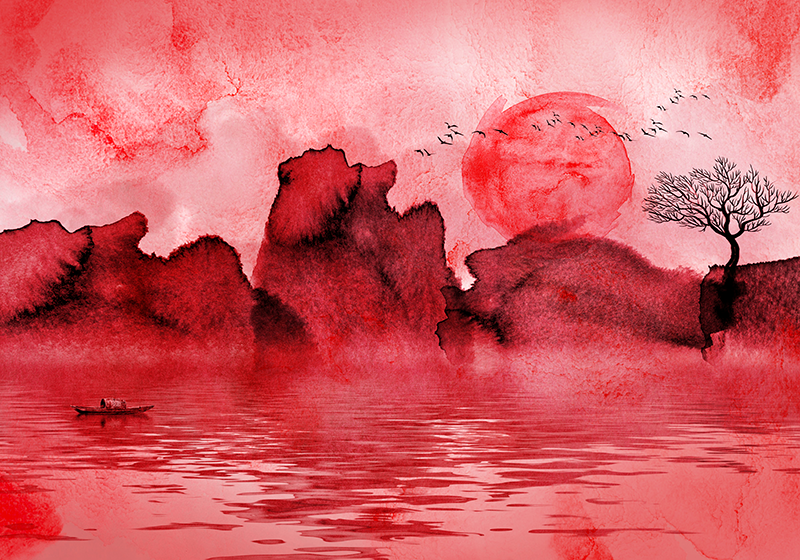 Tappeto vinile rosso paesaggio in inchiostro cinese - TenStickers