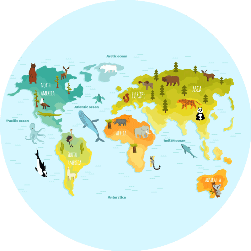 Tappeto vinile mappamondo mappa illustrata degli animali - TenStickers