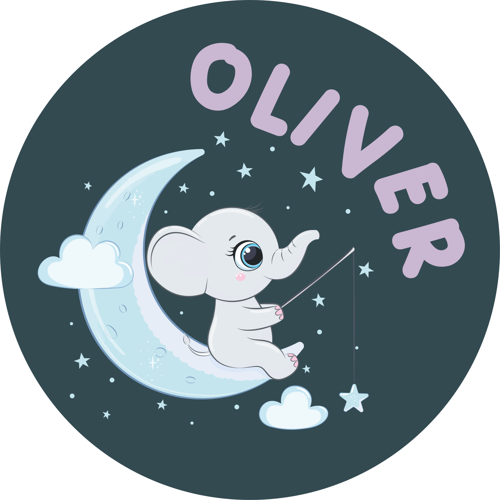 Tappeto vinile bebé elefante sulla luna con nome - TenStickers