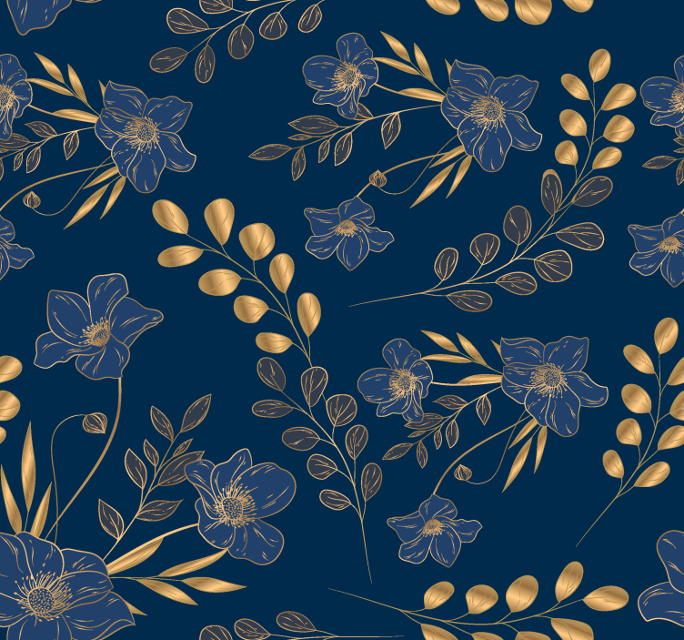 Carta da parati blu navy motivo fiori dorati - TenStickers