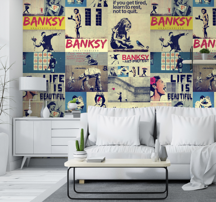 Arte carta da parati collage Banksy colorato - TenStickers