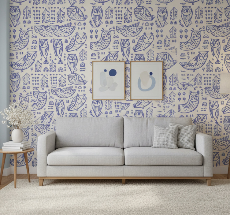 Carta da parati animali faccia di gufo blu carino - TenStickers