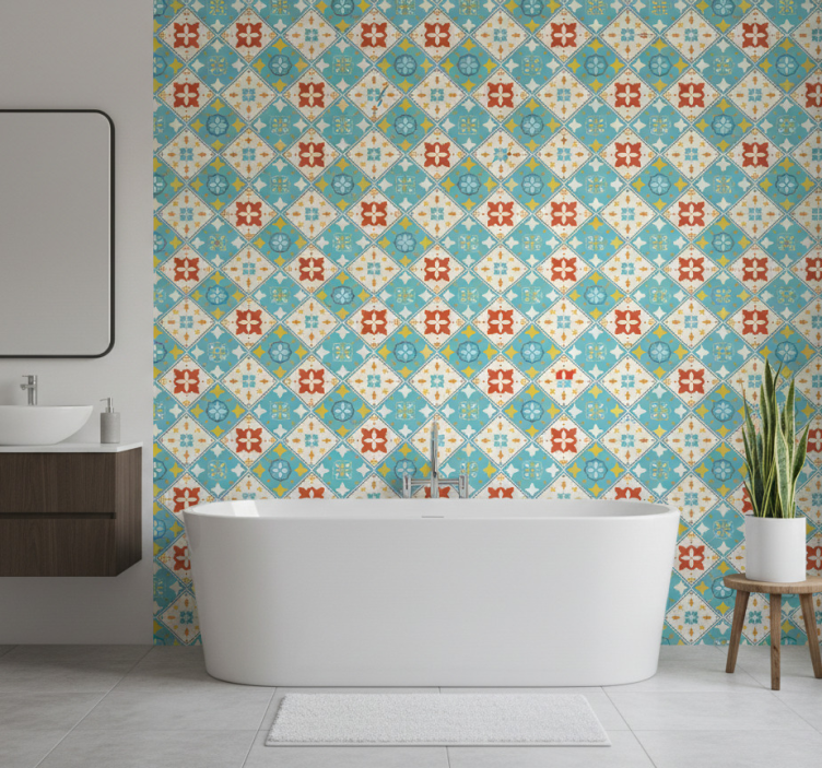 Carta da parati bagno piastrelle blu e beige - TenStickers