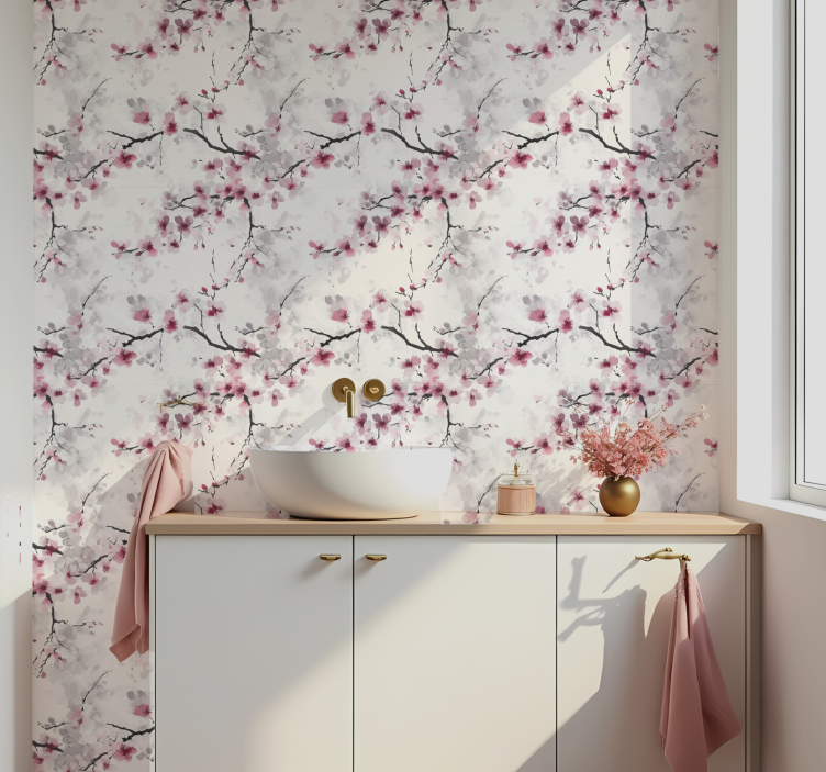 Carta da parati bagno rivestimento murale con fiori di ciliegio r - TenStickers