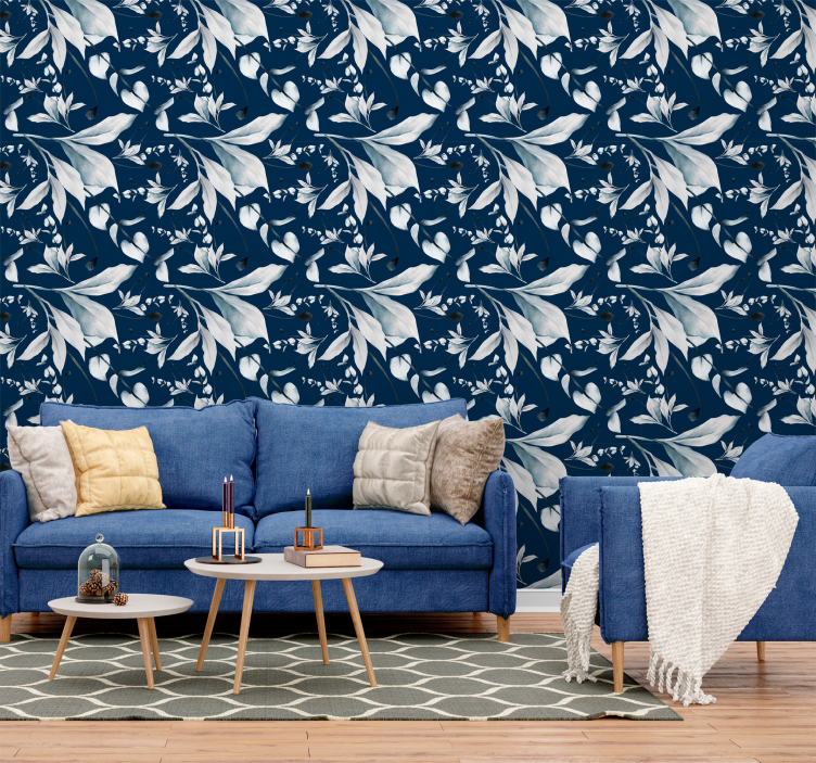 Carta da parati blu navy foglie bianche - TenStickers