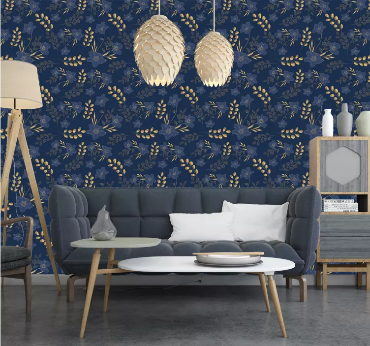 Carta da parati blu navy motivo fiori dorati - TenStickers