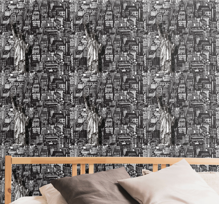 Carta da parati città collage urbano della statua - TenStickers