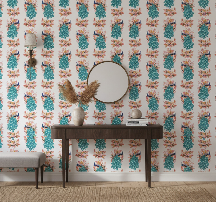 Carta da parati corridoio pavoni tra fiori - TenStickers