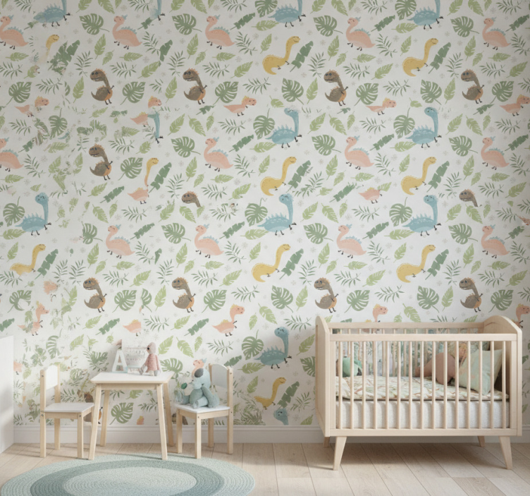 Carta da parati dinosauri foresta pastello con dinosauri - TenStickers