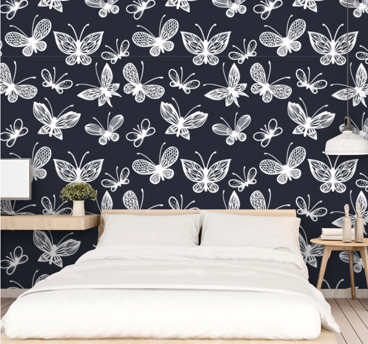 Carta da parati farfalle pattern blu e bianco - TenStickers
