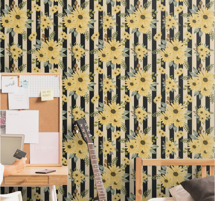 Carta da parati floreale motivo girasole a strisce - TenStickers