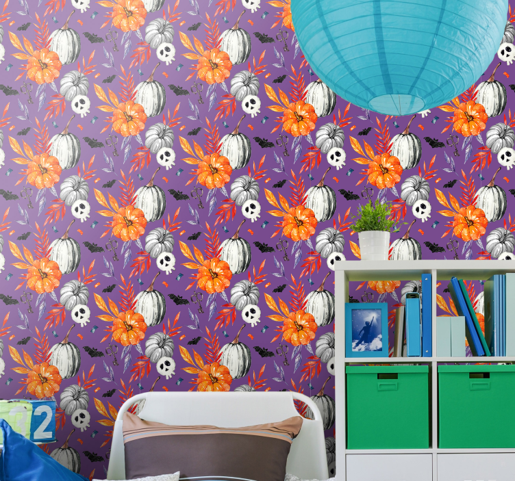 Carta da parati Halloween teschi floreali arancioni - TenStickers