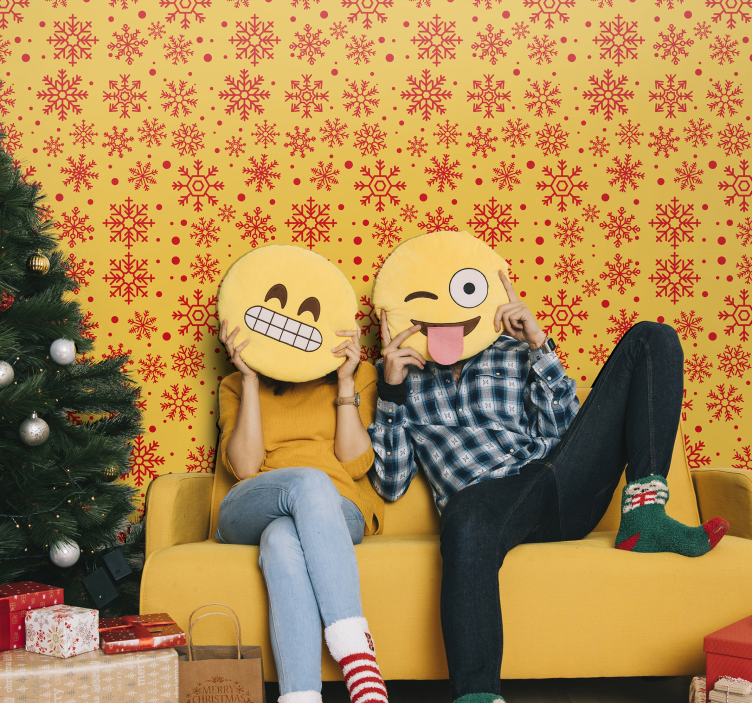 Carta da parati natalizia fiocchi rossi su sfondo giallo - TenStickers