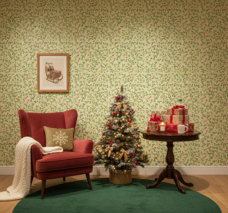 Carta da parati natalizia motivo bacche festive - TenStickers