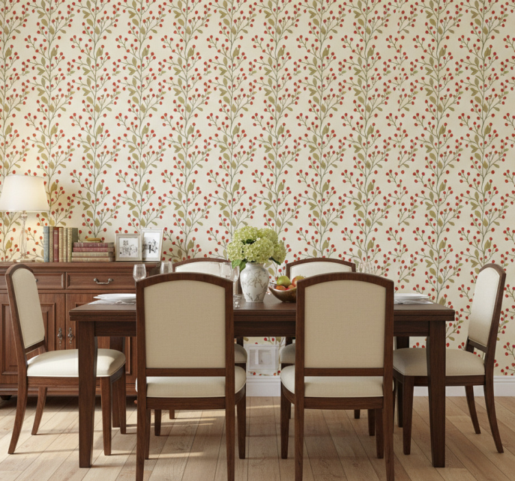 Carta da parati sala da pranzo bacche foglie floreali - TenStickers