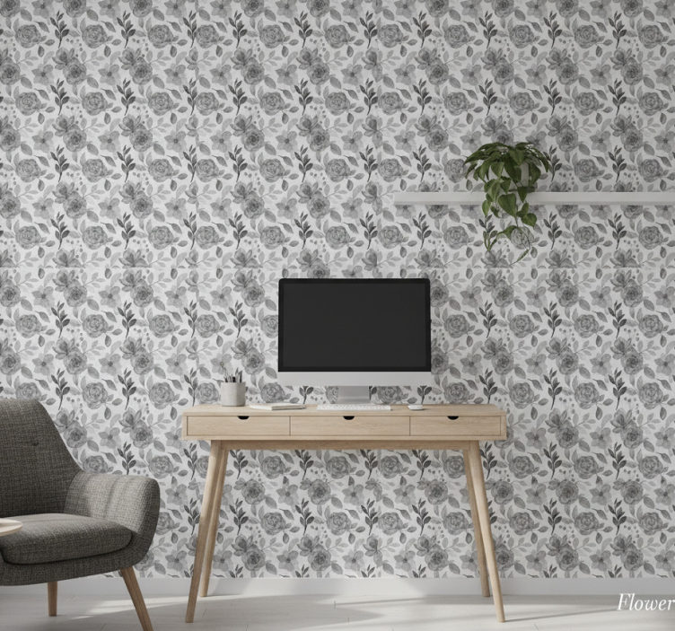 Carta da parati ufficio fiori su grigio - TenStickers