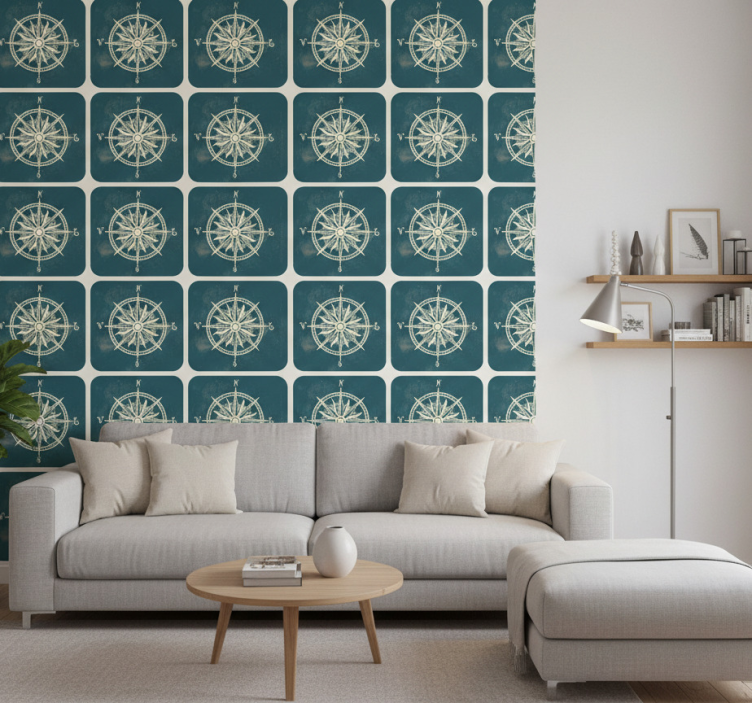 Carta da parati vintage con bussola su mappa del mondo - TenStickers