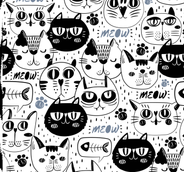 Carta da parati cameretta Modello di facce di gatto in bianco e n - TenStickers
