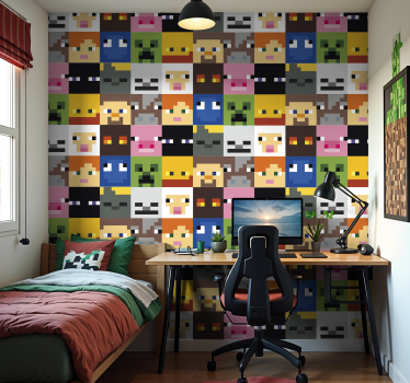 Carta da parati camera ragazzi facce pixelate da gioco - TenStickers