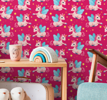 Carta da parati cameretta Divertente unicorno rosa felice - TenStickers