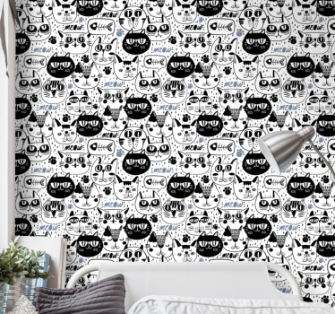 Carta da parati cameretta Modello di facce di gatto in bianco e n - TenStickers