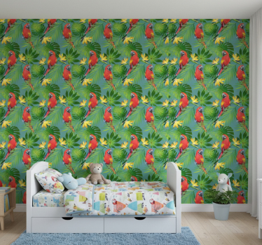 Carta da parati cameretta pappagalli e foglie tropicali - TenStickers