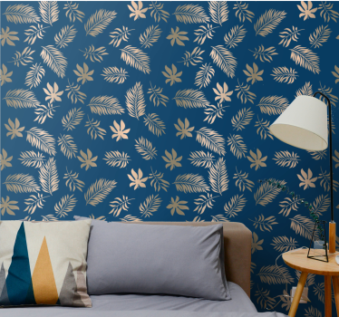 Carta da parati foglie motivo dorato su sfondo blu navy - TenStickers