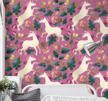 Carta da parati per camera da letto Disegno cavallo rosa e florea - TenStickers