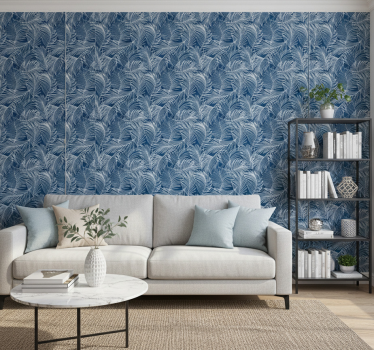 Carta da parati foglie foglie blu con contorno bianco - TenStickers